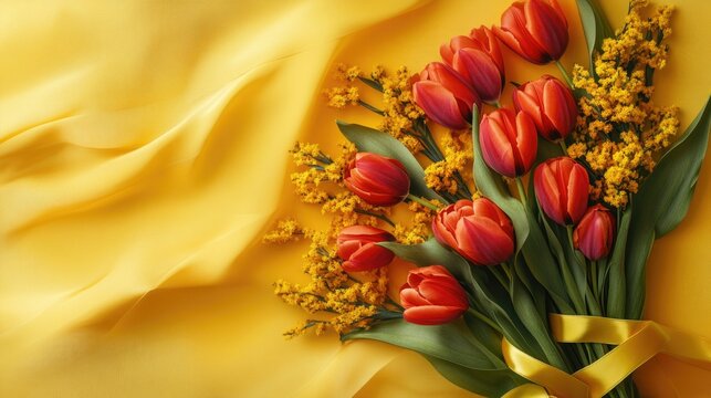 This image features a bouquet of fresh red and yellow tulips set against a smooth yellow background. The flowers are arranged in an aesthetically pleasing manner, creating a contrast with the fabric.