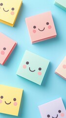 Cute Sticky Notes with Smiling Faces on Blue Background