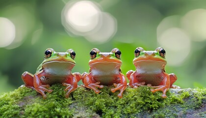 three Gliding Frogs (Rhacophorus reinwardtii) sitting on mossy rock, nature background