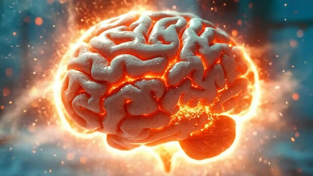 A brain is on fire, with a red glow surrounding it. The brain is surrounded by sparks and flames, giving the impression of a fiery explosion. Concept of danger and destruction