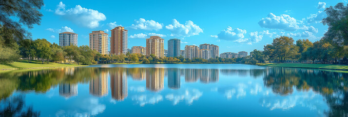 Fototapeta premium Cityscape reflection on lake serene urban park scenic view sunny day