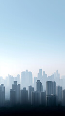 Obraz premium Skyscrapers piercing dense fog, creating moody urban landscape with silhouetted buildings fading into misty, atmospheric cityscape at dawn