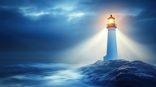 Lighthouse beacon in stormy seas
