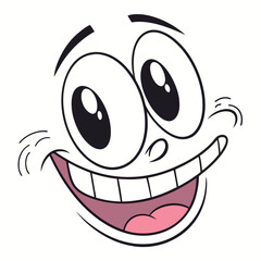 Smiling Cartoon Face with Big Eyes, Exaggerated Features, Expressive Mouth, Flat Style