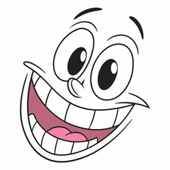 Cartoon Face with Big Eyes, Wide Grin, and Visible Teeth Isolated on White Background