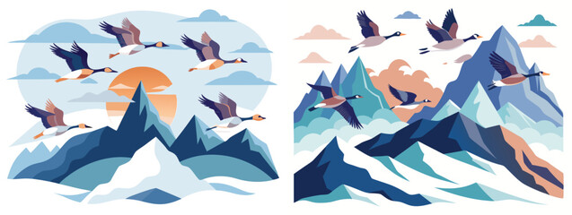 Majestic wild geese in V formation over snowy mountains, modern flat vector style © msmdesign