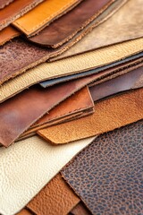 Stacked leather samples in various colors and textures  Close-up view of different leathers