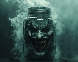 joker bottled emotions Chilling clown jar in smoky atmosphere.