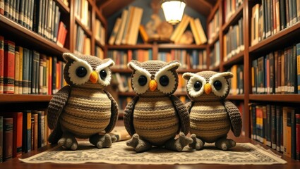 Three stuffed owls sitting on a table in front of a bookshelf