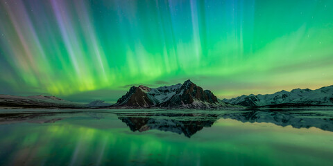 A breathtaking shot of the Northern Lights casting vibrant turquoise and emerald hues across jagged snow-capped mountains, perfectly mirrored in a serene, reflective lake