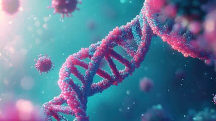 Fototapeta premium A digital illustration of a DNA double helix surrounded by virus particles in a vibrant, blue and pink scientific background.