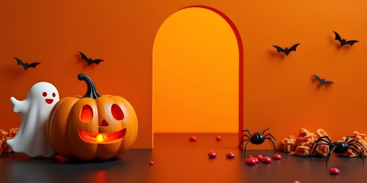 Halloween setup with Pumpkin , white ghosts, red candy, black bats, black spider on calm dark brown surface. 