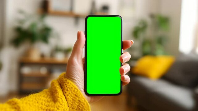 Female hand holding a smartphone with green screen in home, chroma key phone video