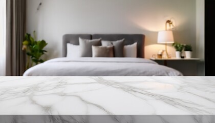 Marble table top with white bed in bedroom loose focal background Close up photo of contempo 