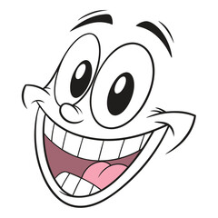 Cartoon Face with a Big Smile, Large Eyes and Black Outline on White Background