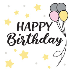 HandLettered Happy Birthday with Balloons and Stars, Pastel Color, Isolated on White