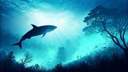 Fototapeta premium Blue Deep Sea Art: Underwater Wanderings of Shark and Light