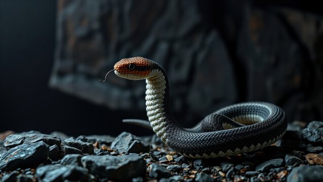 A snake that is sitting on some rocks