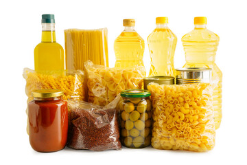 Foodstuffs in donation box isolated on white background with clipping path for volunteer to help people.