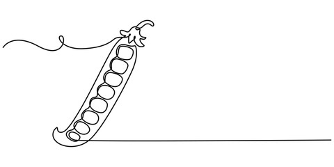 Continuous one single line drawing of snap pea in silhouette on a white background. Linear stylized, snap pea continuous one line drawing, Continuous line drawing of Sugar snap peas.