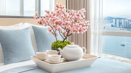 Naklejka premium Serene Tea Setting with Cherry Blossom in Modern Bedroom Overlooking Cityscape