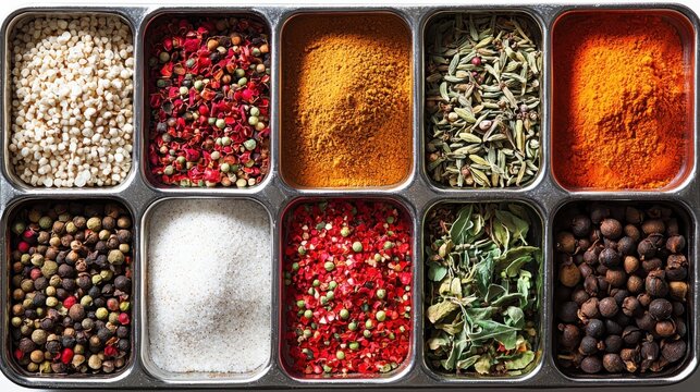 Assorted colorful spices and herbs arranged in stainless steel containers with vibrant textures and rich colors for culinary decoration and flavo