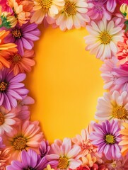 Obraz premium Vibrant floral arrangement in a circular yellow border, creating a visually appealing centerpiece.