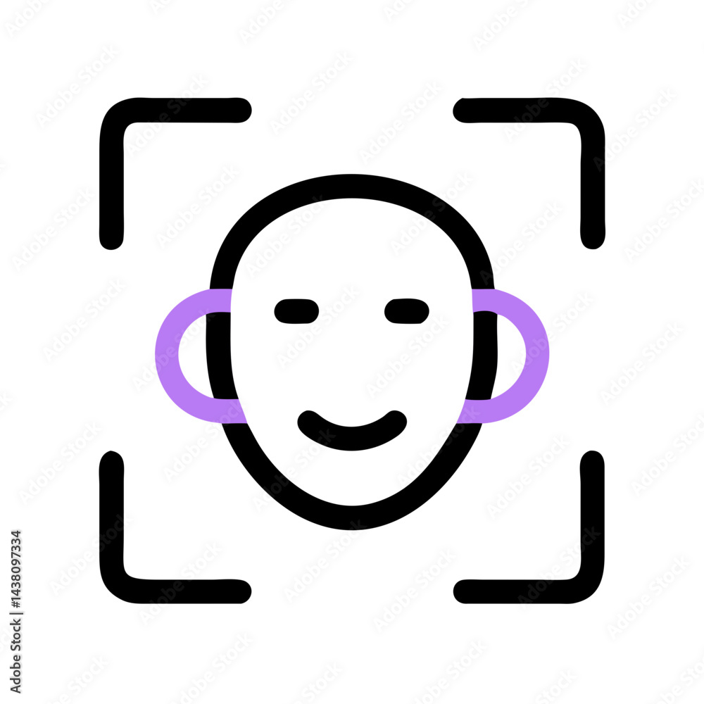Poster a simple icon of a purple face within a scanning square. use for security websites, biometric authen