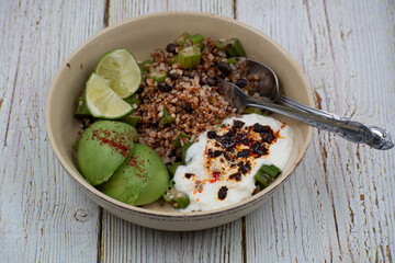 Fermented plant based yogurt, buckwheat groats and avocado