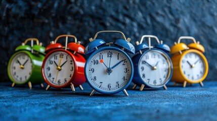 Colorful row of classic alarm clocks in various colors including green red blue white yellow on a textured blue background reflecting light