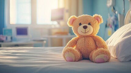 Teddy bear sitting on a hospital bed with medical equipment and window in the background during daytime