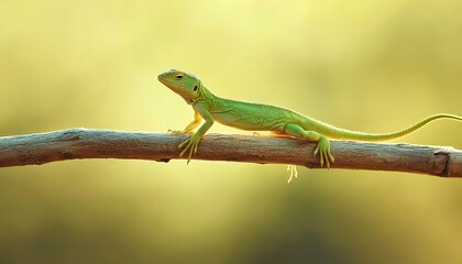 Green lizard on branch, green lizard sunbathing on branch, green lizard climb on wood, Jubata lizard