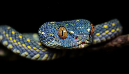 close up, front view, blue viper, blue insularis
