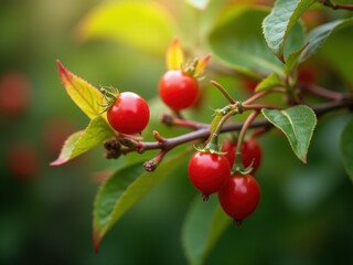 medicinal herbs and berries, traditional medicine Cluster of red berries on a leafy branch. The berries are small and round. The leaves are green