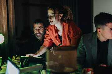 A group of coworkers engaged in a nighttime office meeting, discussing projects and collaborating effectively. The atmosphere suggests teamwork, planning, and dedication to achieving business goals.