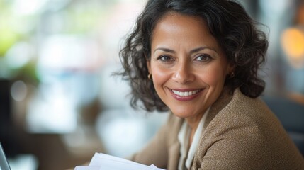 A smiling professional woman sitting at a desk with a document.