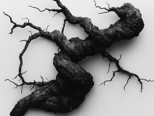 Intricate, twisted root system against a plain background