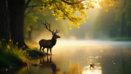 Red deer stag in Lush green fairytale growth concept foggy forest landscape image