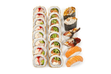Sushi set with variety of rolls and nigiri displaying delicious ingredients