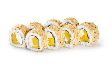 Uramaki sushi rolls with mango and cream cheese covered in sesame seeds on white background