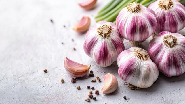 Fresh garlic bulbs with cloves and black peppercorns on white surface, close-up of raw culinary ingredients for cooking and flavo dishes