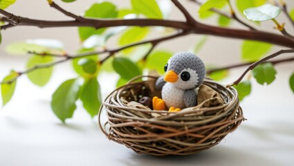 Fototapeta premium A small stuffed bird sitting in a nest on a branch