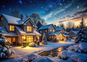 Winter Suburban Night Photography: Snowy Houses, Cozy Lights, Cold Night Scene