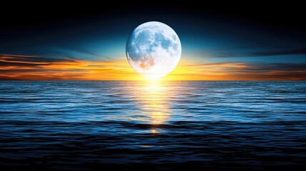 Majestic Moonrise Over Serene Ocean: A Nighttime Seascape