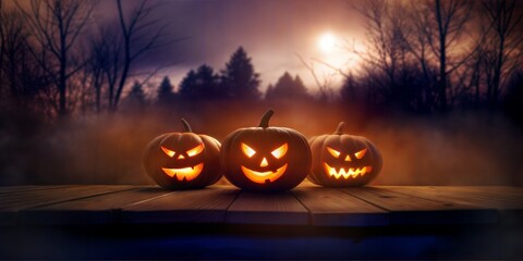 Eerie Halloween Sunset with Haunted Jack-O'-Lanterns on a Foggy Forest Bench