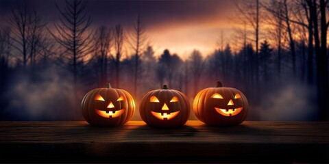 Fototapeta premium Eerie Halloween Sunset with Haunted Jack-O'-Lanterns on a Foggy Forest Bench