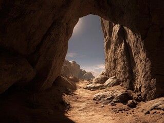 Opening in the rocks leading to another world, captured in a low angle shot on a dusty brown background, showcasing a hyper realistic scene of a mysterious passageway.