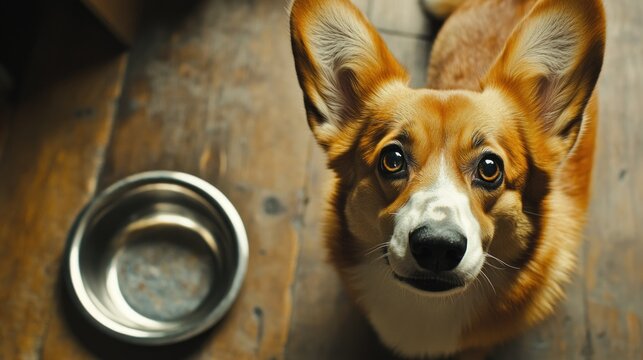 This image captures a moment of inquisitiveness and anticipation as the puppy, with its innocent gaze, waits patiently for mealtime. The warm brown tones of the wooden floor provide a homely backdrop