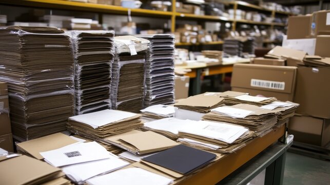 Corporate mailroom with stacks of packages, labeled bins, and efficient sorting systems