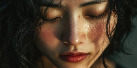 A close-up of a person's face exuding serenity and meditation. The individual has closed eyes, suggesting a state of introspection or relaxation. This image could be used for various purposes related